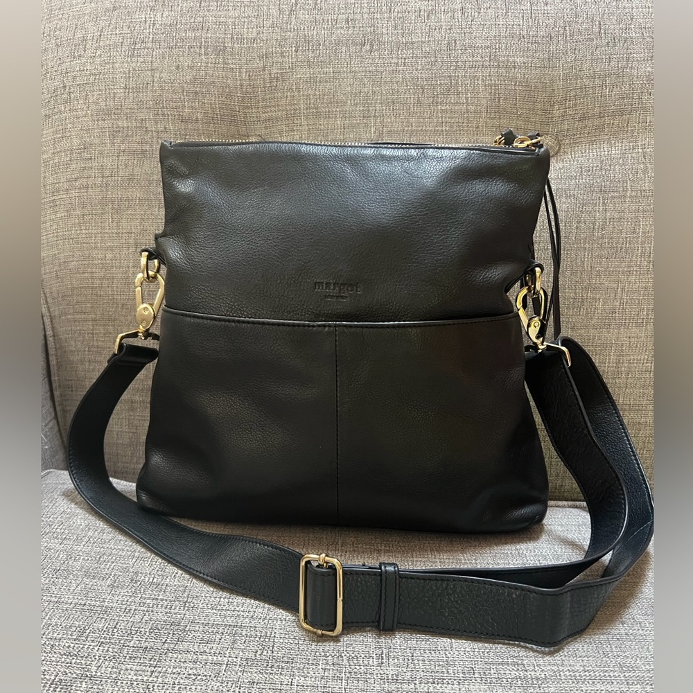 Margot New York Genuine Leather Multi Pocket Double Zip Crossbody Shoulder Bag